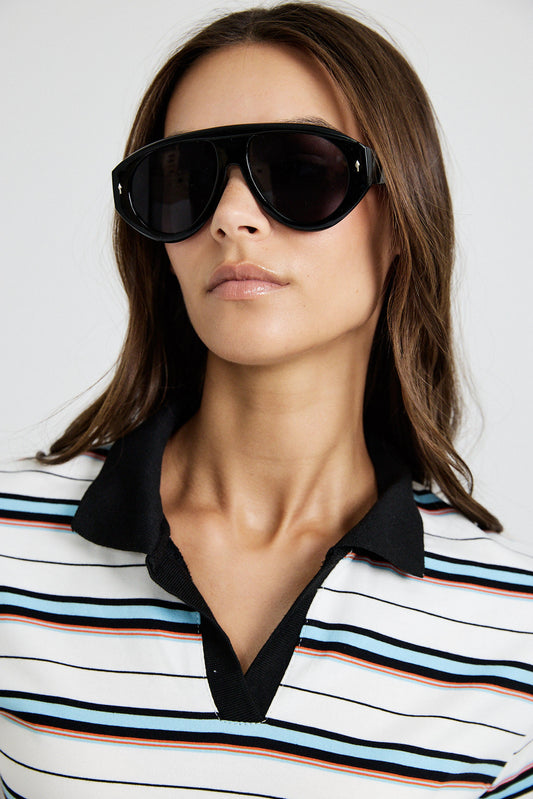 Classic Rib Striped Polo T Shirt-Cream & Black