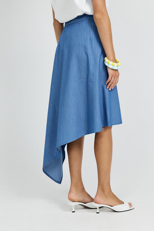 Pinstripe Asymmetric Wrap Skirt - Sky Blue