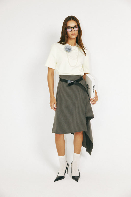 Pinstripe Asymmetric Wrap Skirt - Dark Grey