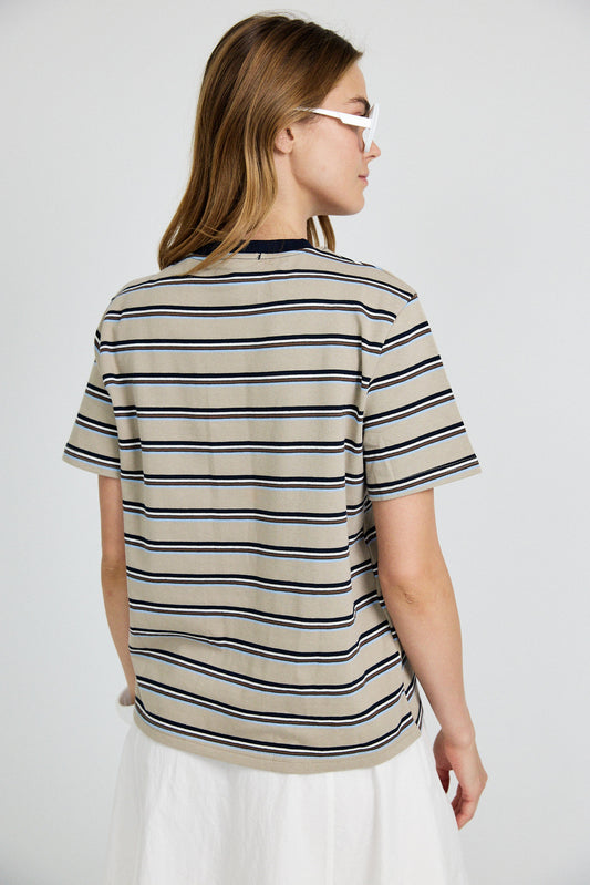 Classic Cotton Rib Striped T Shirt – beige-navy