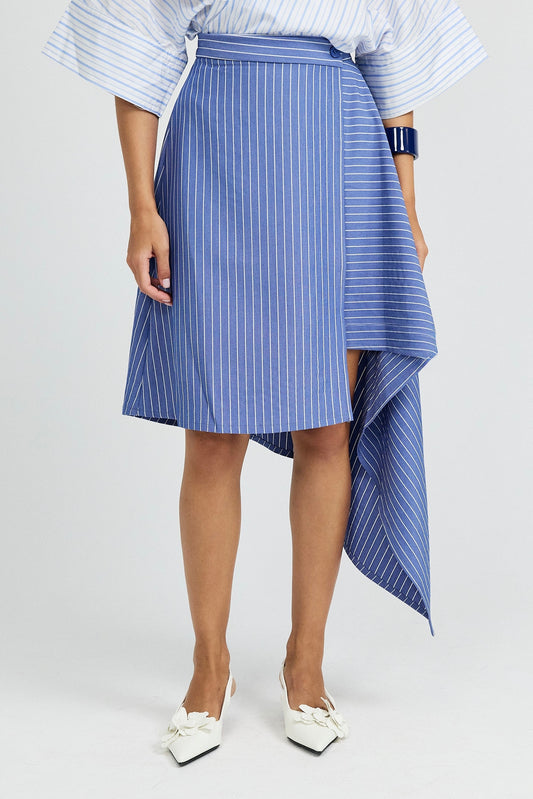Pinstripe Asymmetric Wrap Skirt - Light Blue