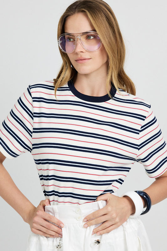 Classic Cotton Rib Striped T Shirt – cream-Navy