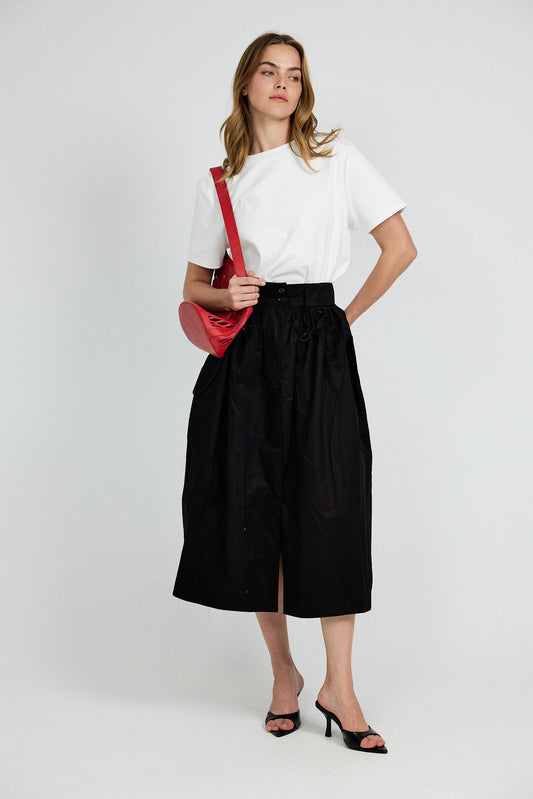 Utility Gathered Cotton Midi Skirt – Black