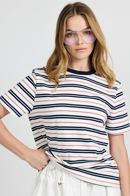 Classic Cotton Rib Striped T Shirt – cream-Navy