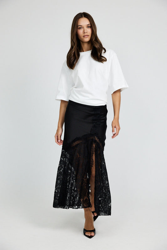 Lace Panel Satin Maxi Skirt – Black