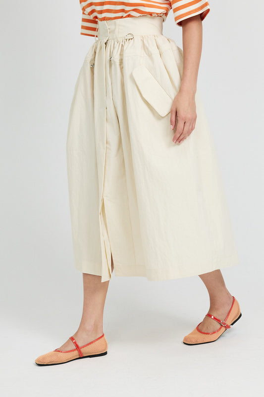 Utility Gathered Cotton Midi Skirt – Light Beige