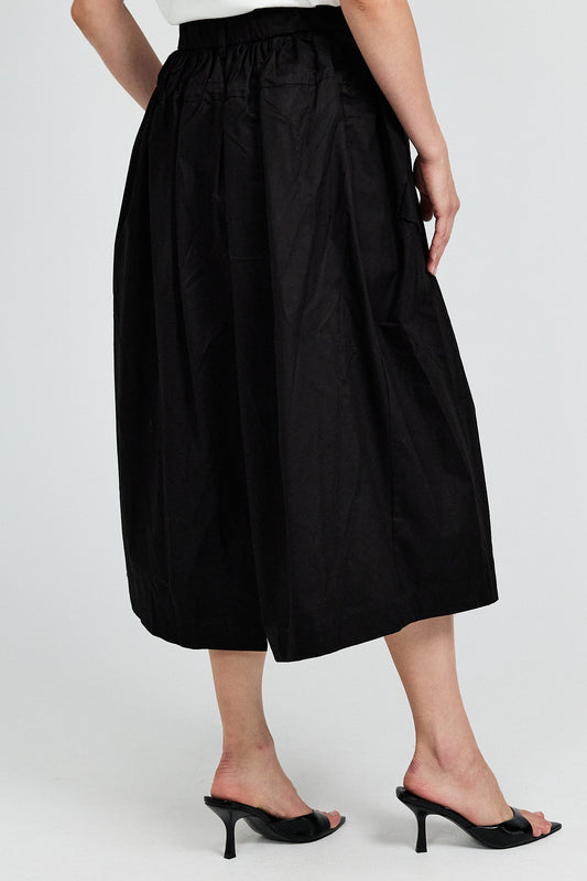 Utility Gathered Cotton Midi Skirt – Black