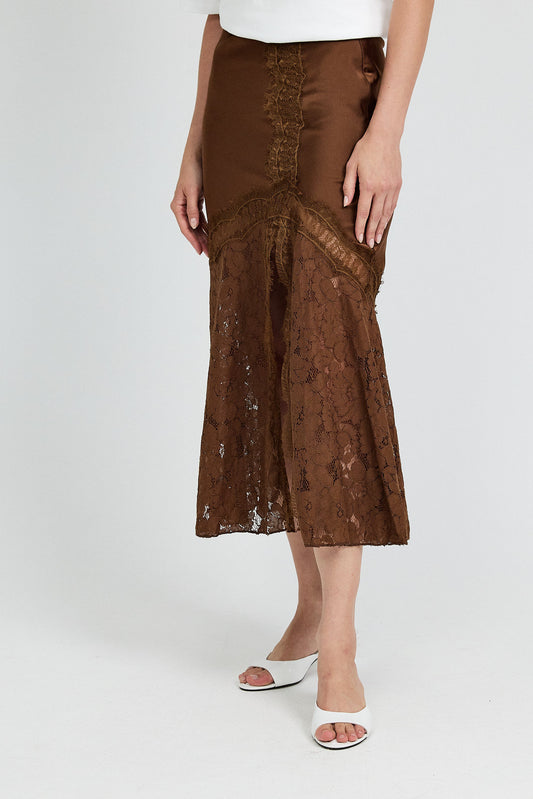 Lace Panel Satin Maxi Skirt – Brown