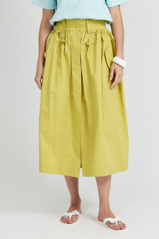 Utility Gathered Cotton Midi Skirt – Lime