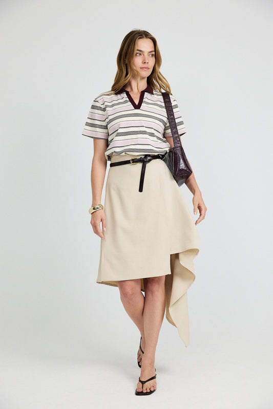 Classic Rib Striped Polo T Shirt-Cream & Brown
