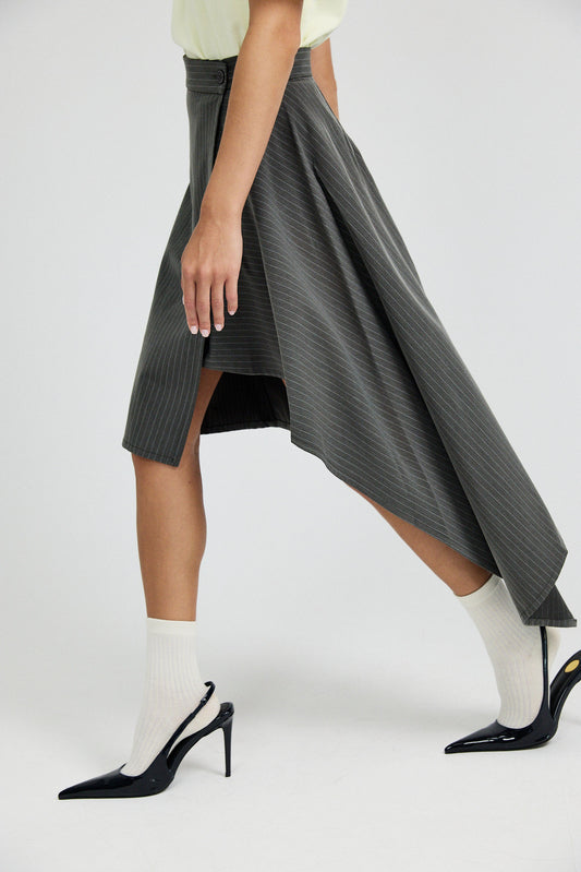 Pinstripe Asymmetric Wrap Skirt - Dark Grey