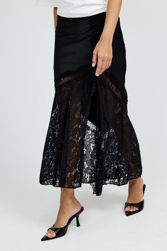 Lace Panel Satin Maxi Skirt – Black
