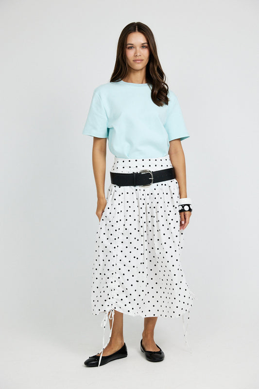 Balloon Drawstring Midi Skirt - White Polka Dot