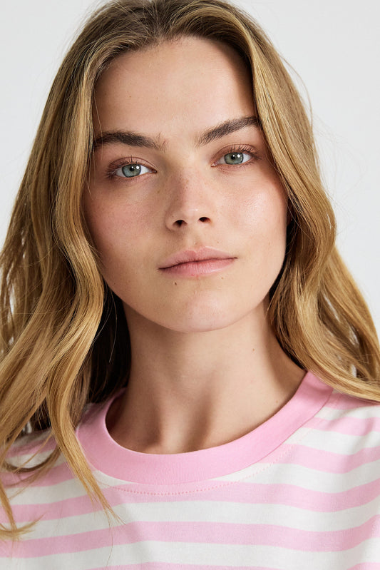 Oversized Striped Basic T-Shirt – Pink & Cream