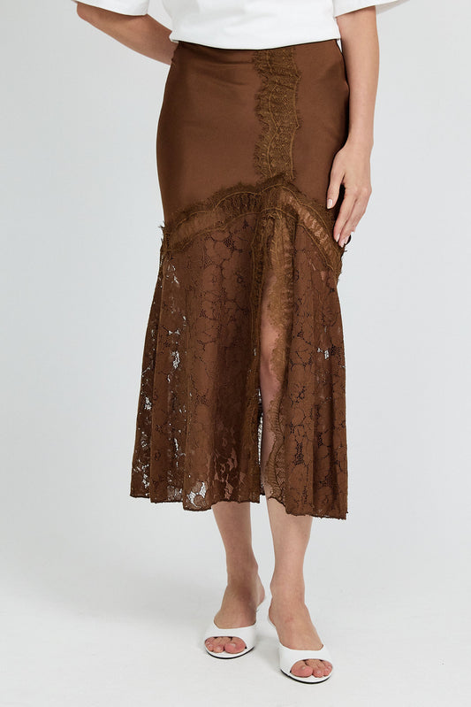 Lace Panel Satin Maxi Skirt – Brown
