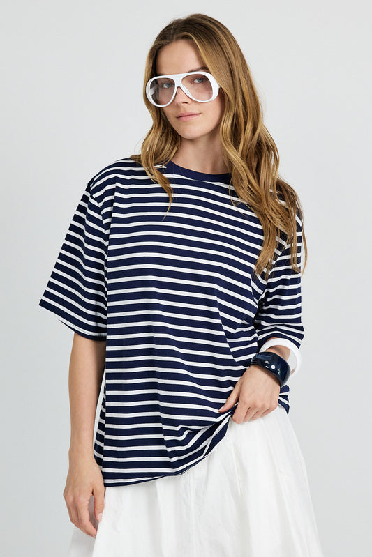 Oversized Striped Basic T-Shirt – Navy Blue & White