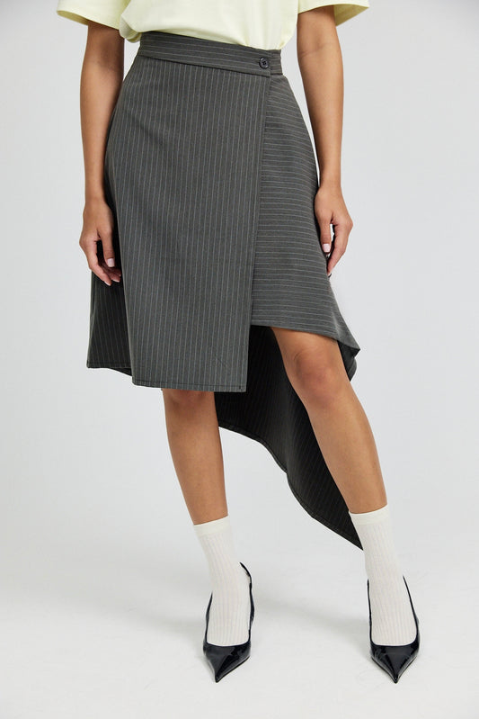 Pinstripe Asymmetric Wrap Skirt - Dark Grey
