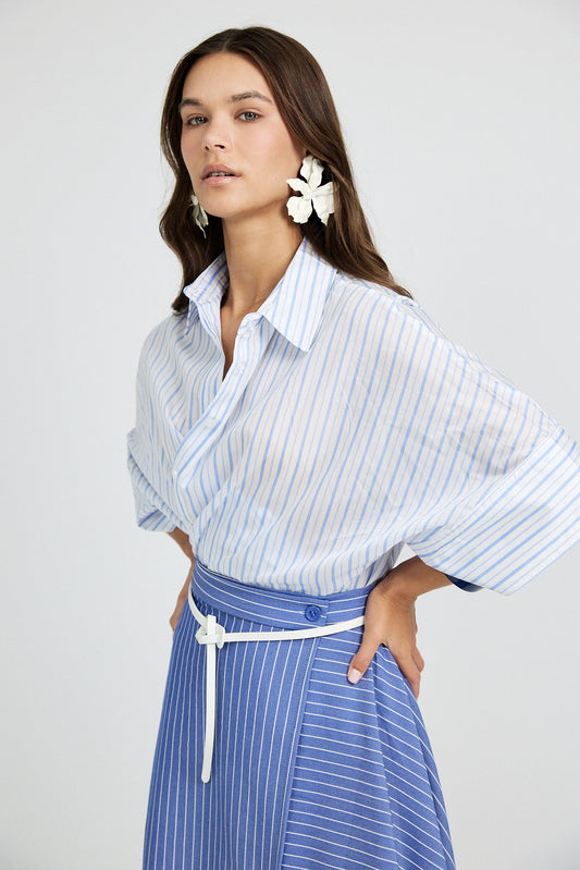 Monroe Oversized Batwing Stripe Shirt –White & Sky Blue