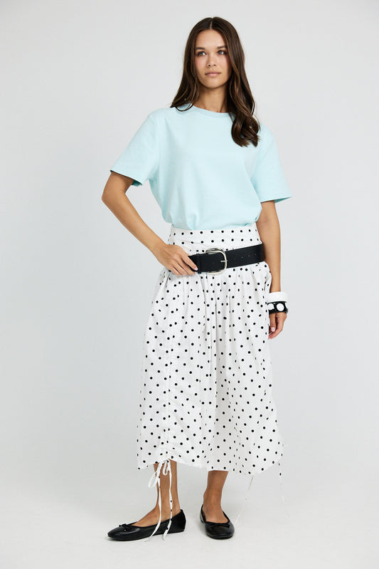 Balloon Drawstring Midi Skirt - White Polka Dot