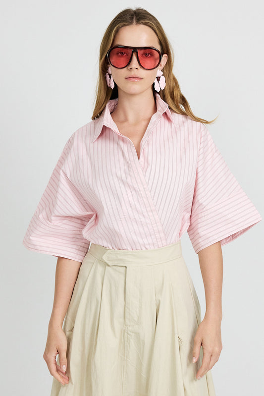 Monroe Oversized Batwing Stripe Shirt –baby pink