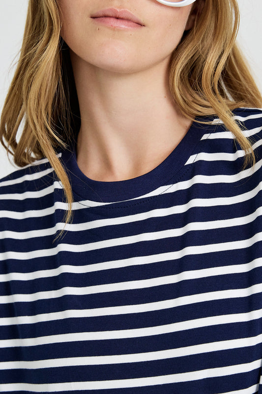 Oversized Striped Basic T-Shirt – Navy Blue & White