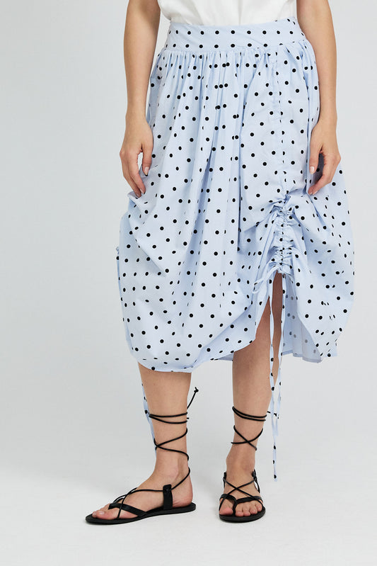 Balloon Drawstring Midi Skirt - Light Blue Polka Dot