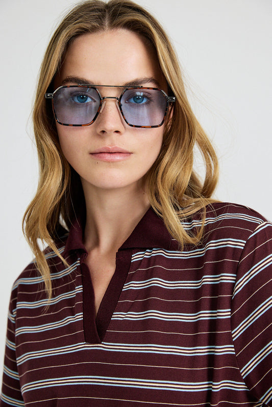 Classic Rib Striped Polo T Shirt-Brown & Sky Blue