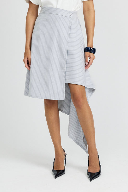 Pinstripe Asymmetric Wrap Skirt - Light Grey