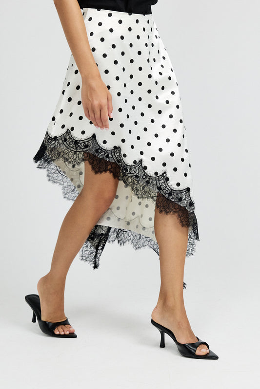 Polka Dot Lace Trim Asymmetric Satin Skirt - Cream