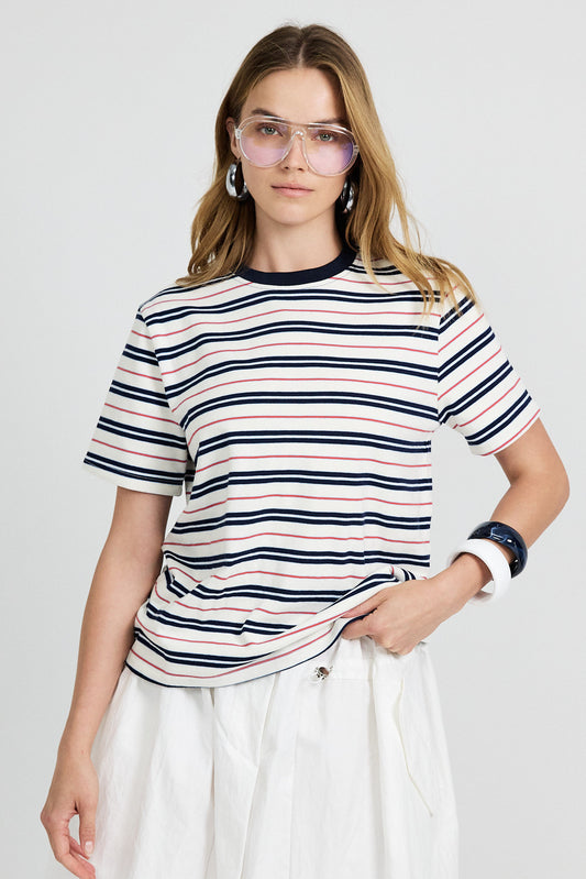 Classic Cotton Rib Striped T Shirt – cream-Navy