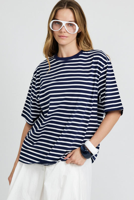 Oversized Striped Basic T-Shirt – Navy Blue & White