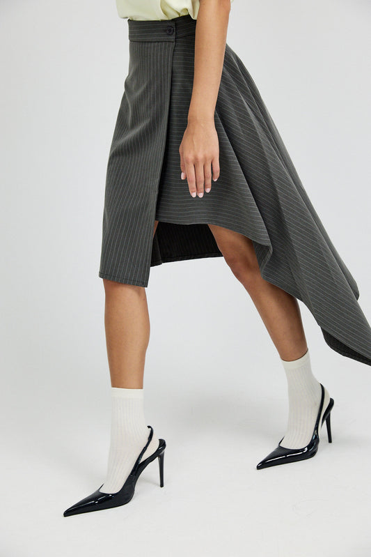 Pinstripe Asymmetric Wrap Skirt - Dark Grey