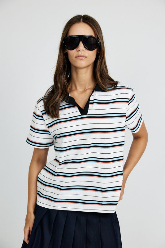 Classic Rib Striped Polo T Shirt-Cream & Black