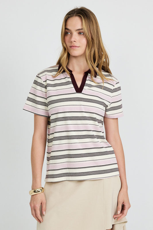Classic Rib Striped Polo T Shirt-Cream & Brown