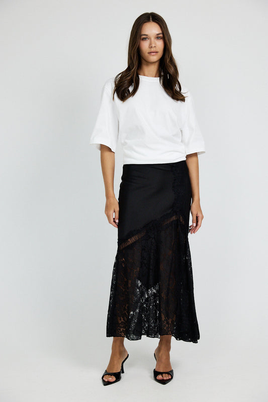 Lace Panel Satin Maxi Skirt – Black
