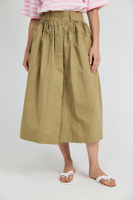 Utility Gathered Cotton Midi Skirt – Khaki