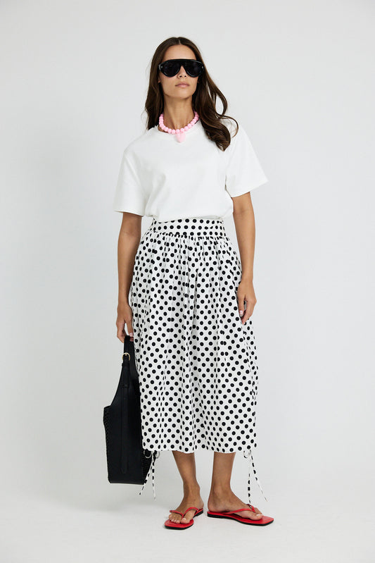 Balloon Drawstring Midi Skirt - White Large Polka Dot