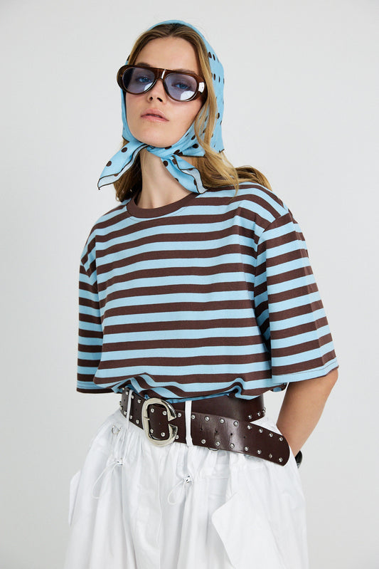 Oversized Striped Basic T-Shirt – Turquoise & Brown
