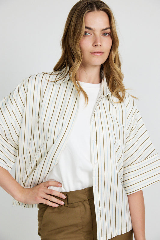 Monroe Oversized Batwing Stripe Shirt –Cream & Coffee