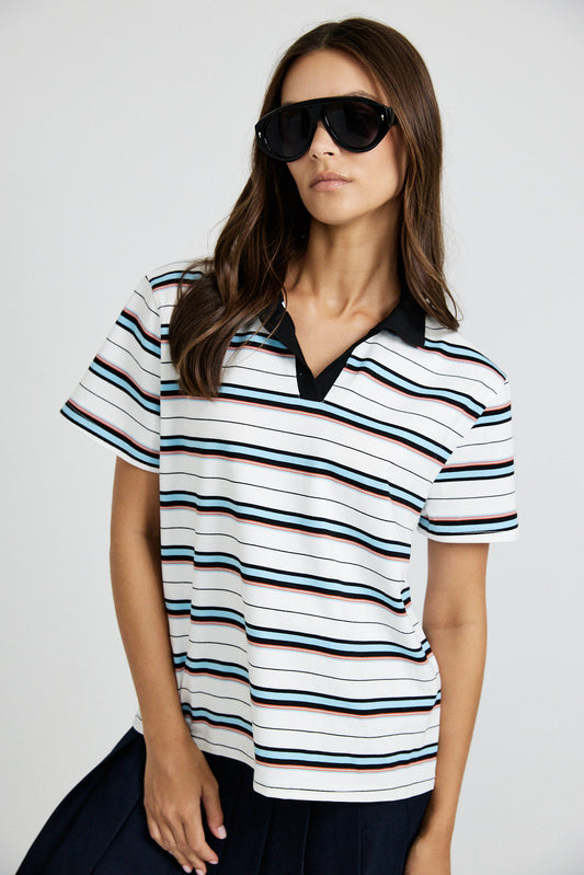 Classic Rib Striped Polo T Shirt-Cream & Black