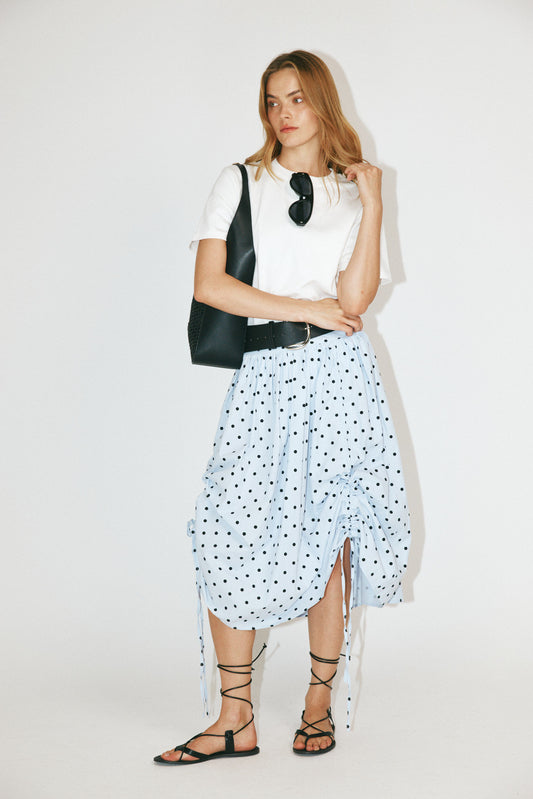 Balloon Drawstring Midi Skirt - Light Blue Polka Dot
