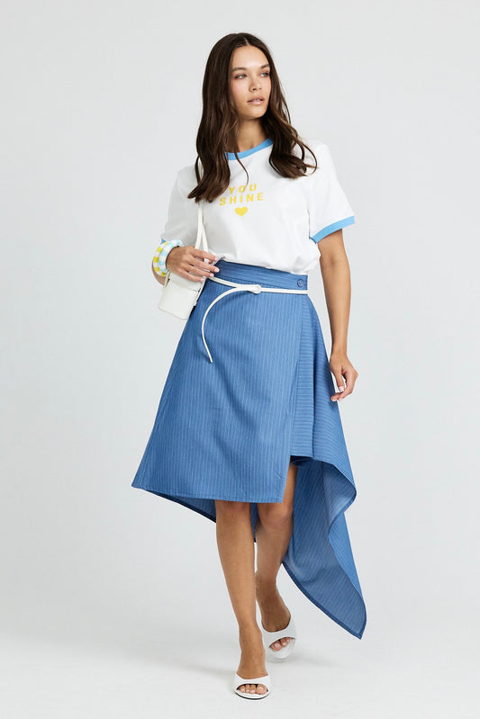 Pinstripe Asymmetric Wrap Skirt - Sky Blue
