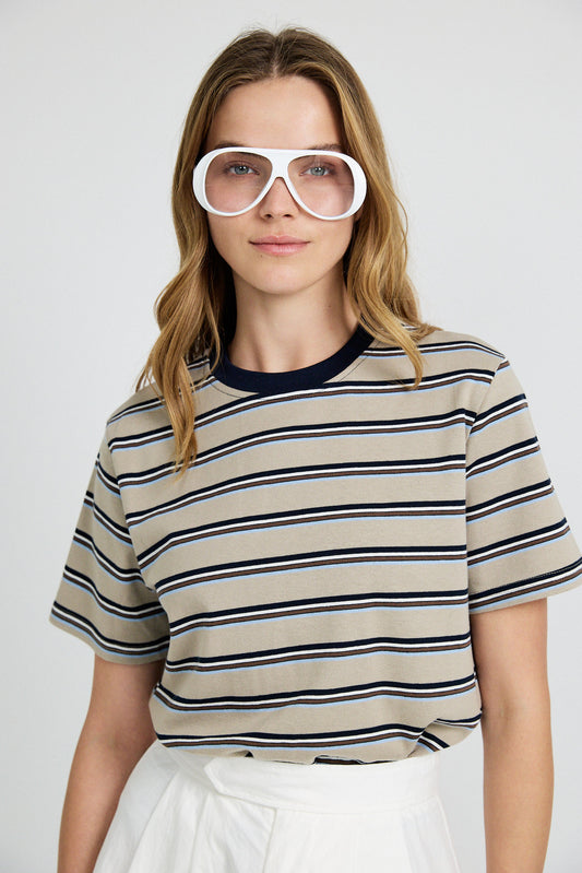 Classic Cotton Rib Striped T Shirt – beige-navy