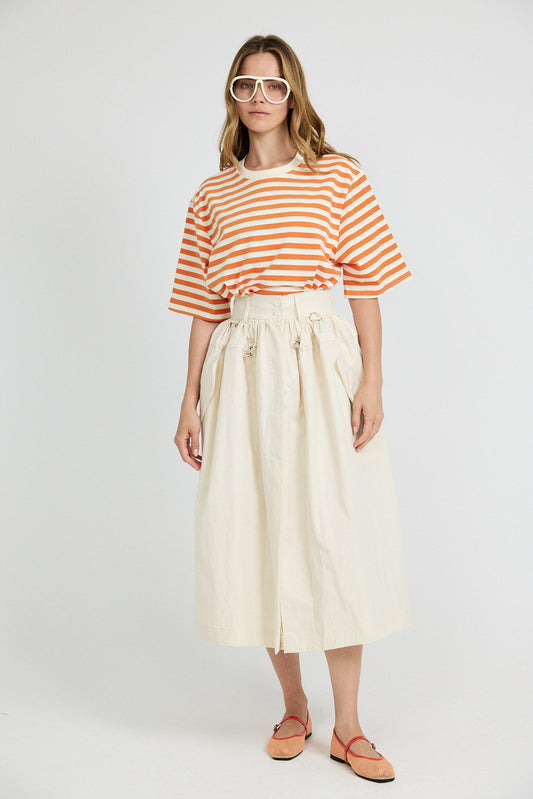 Utility Gathered Cotton Midi Skirt – Light Beige