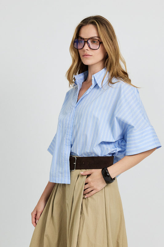 Monroe Oversized Batwing Stripe Shirt –Sky Blue