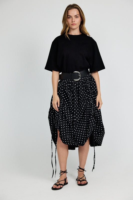 Balloon Drawstring Midi Skirt - Black Polka Dot