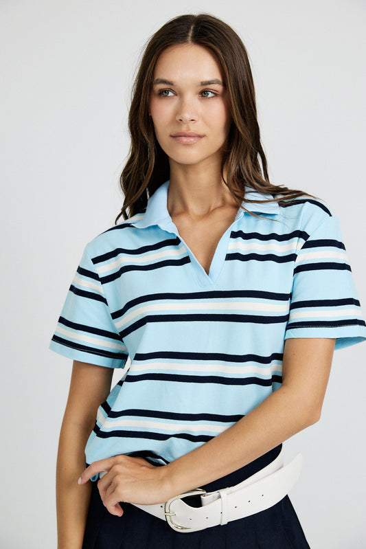 Classic Rib Striped Polo T Shirt-Sky Blue & Navy