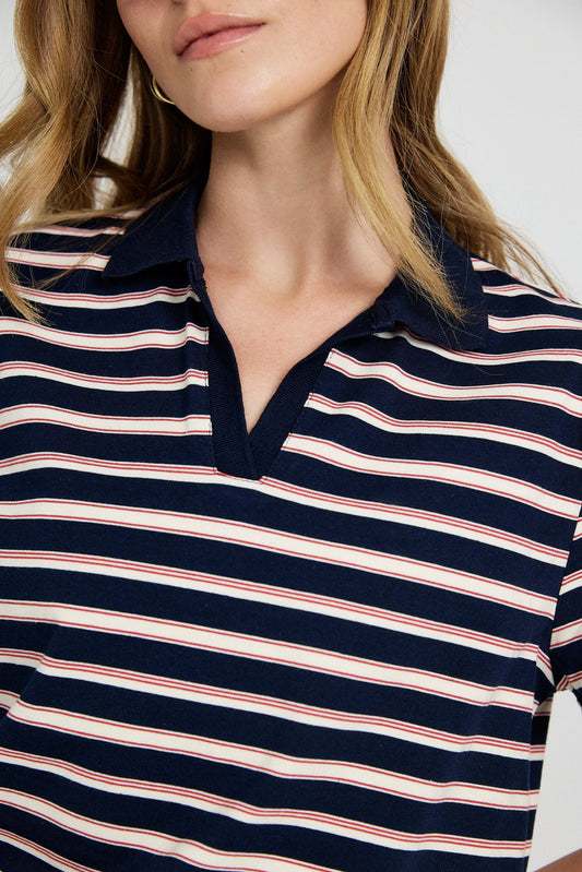 Classic Rib Striped Polo T Shirt-Navy & Cream