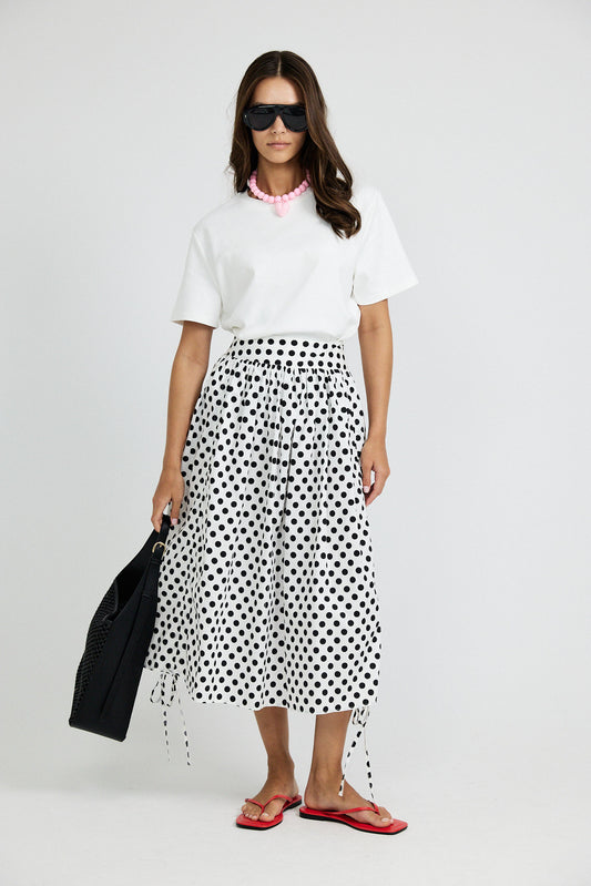 Balloon Drawstring Midi Skirt - White Large Polka Dot