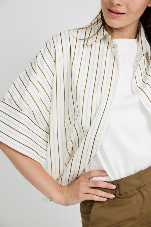 Monroe Oversized Batwing Stripe Shirt –Cream & Coffee